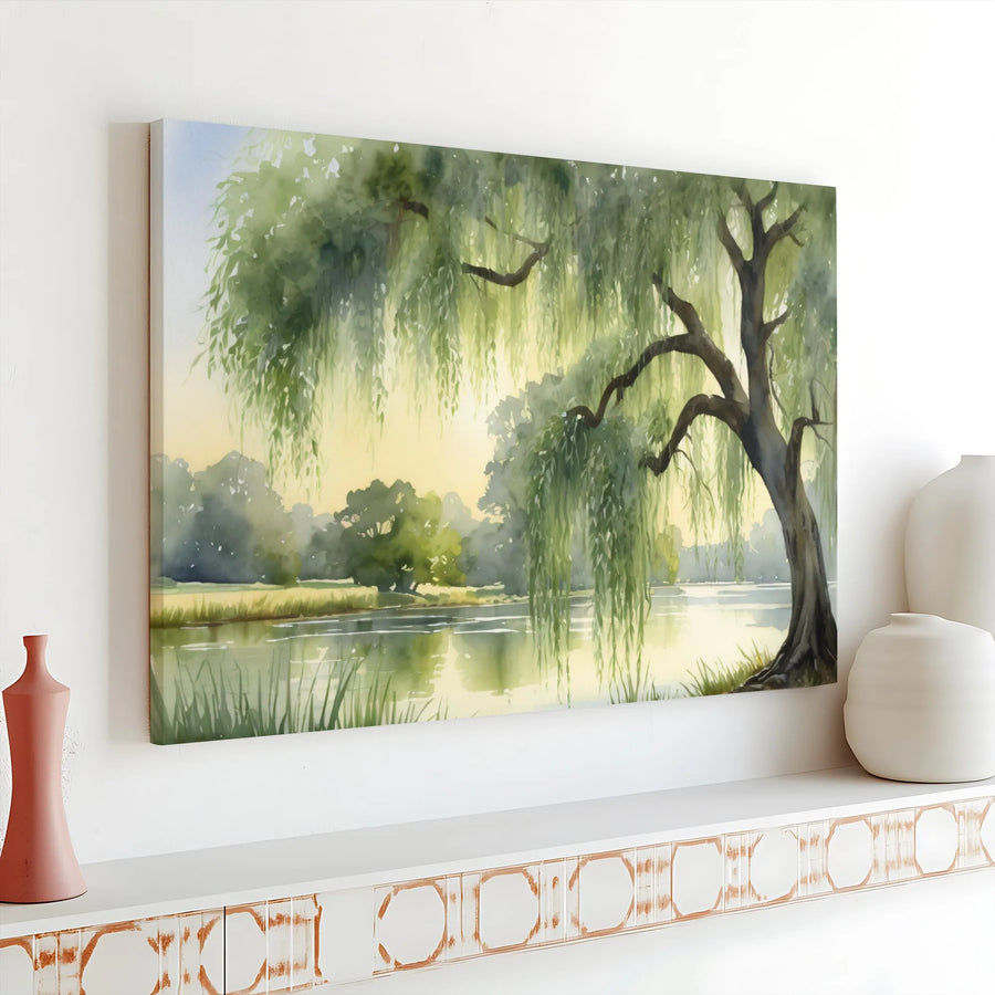 Weeping Willow Canvas Wall Art | Serene Lakeside Watercolor Painting | Premium Gallery Wrap Print | Gift for Nature Lover