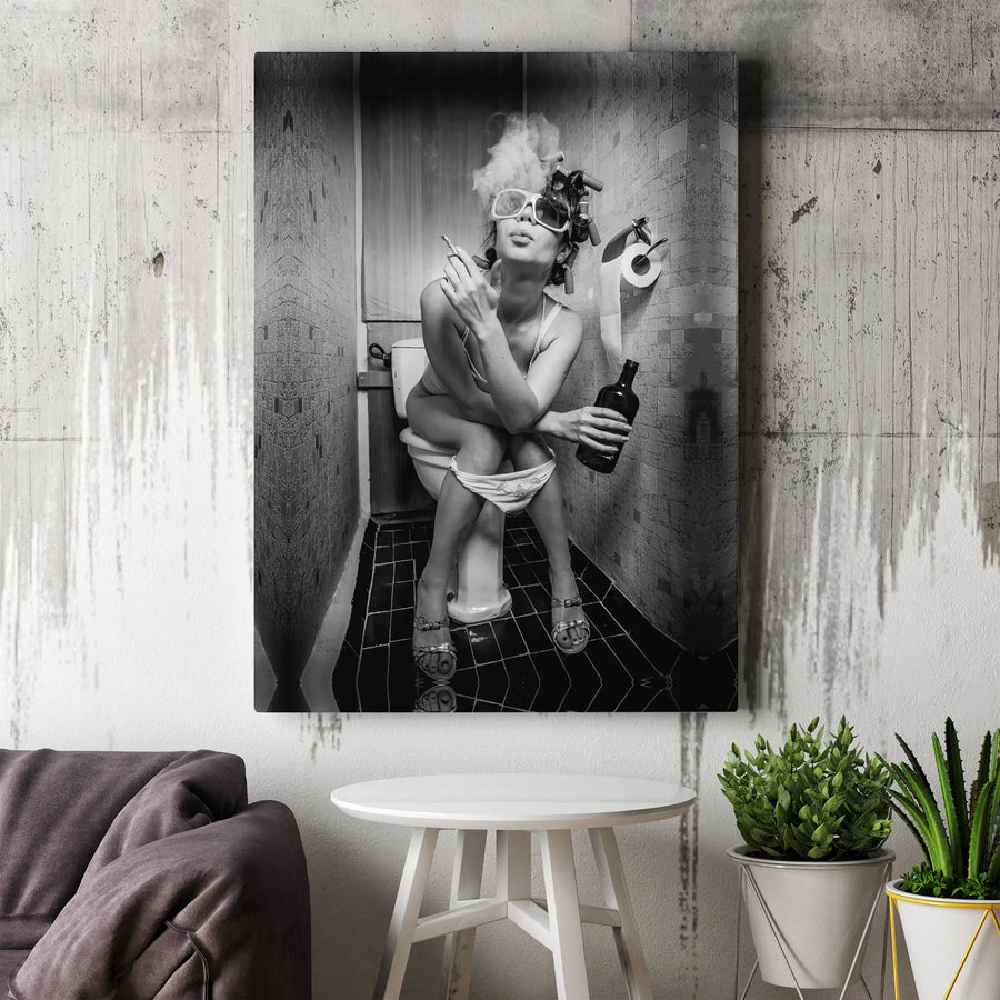 Funny Bathroom Wall Art | Smoking Woman in Hair Curlers Print | Premium Gallery Wrapped Canvas | Edgy Home Decor Gift for Man Cave