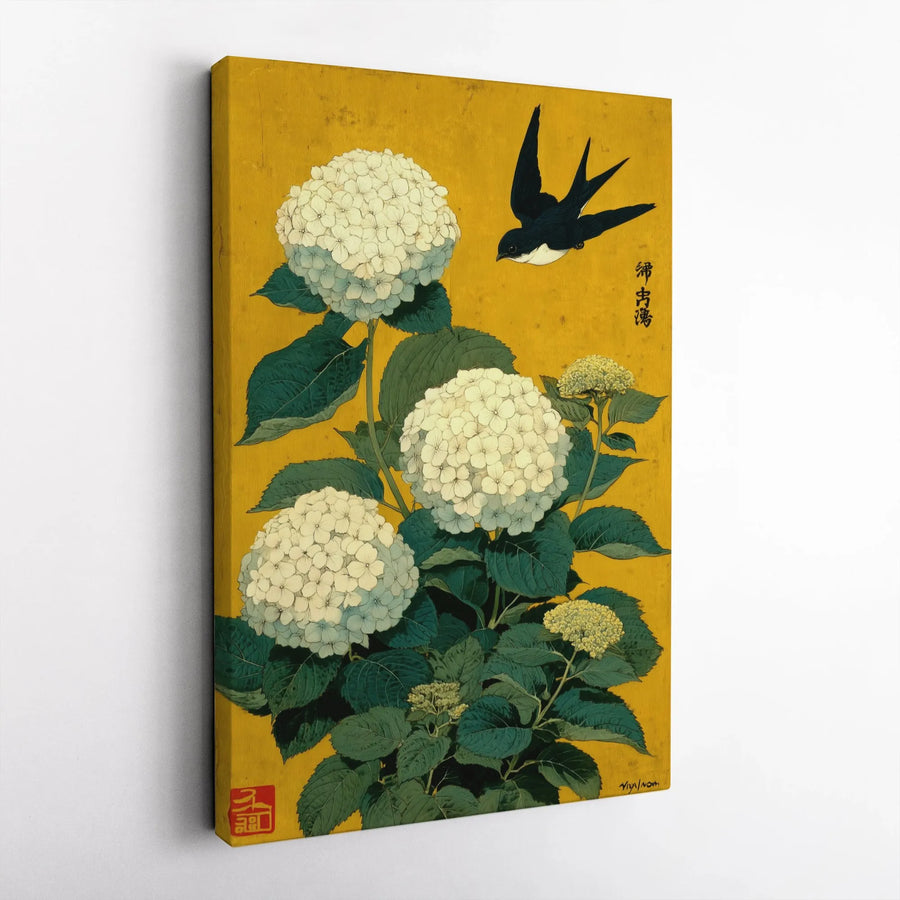 Japanese Bird And Flower Wall Art | Vintage Swallow With Hydrangea Print | Premium Gallery Wrap Canvas | Minimalist Botanical Home Decor Gift