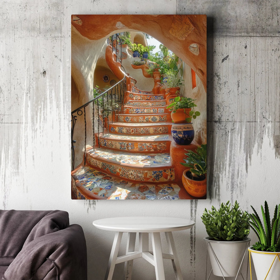 Mediterranean Tiled Staircase Canvas Art | Bohemian Garden Path Wall Decor | Premium Fade-Resistant Print | Large Framed Wall Hanging for Home