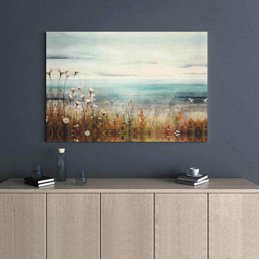Coastal Wildflowers Seascape Canvas Wall Art | Serene Beach Meadow Print | Premium 1.25" Gallery Wrap | Calming Home Office Nature Decor