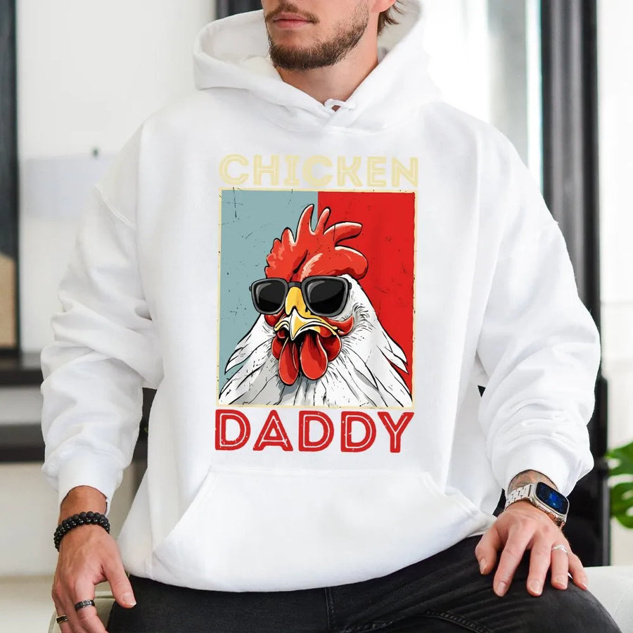 Chicken Daddy Hoodie | Funny Retro Rooster Graphic Design | Premium Cotton Blend | Gift for Farmers, Poultry Keepers, and Dad