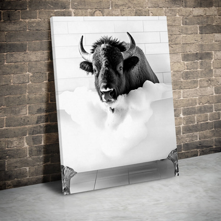 Funny Bison in Bathtub Canvas Wall Art | Whimsical Black and White Animal Art | Premium Gallery Wrapped Canvas | Unique Bathroom Decor Gift
