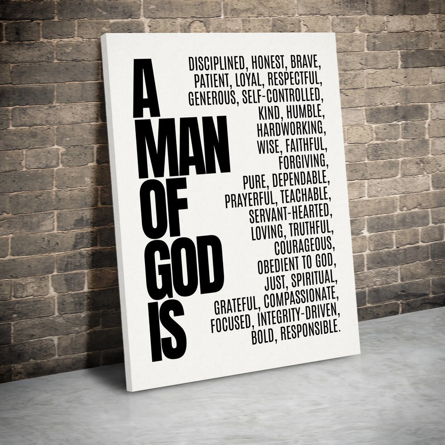 Man Of God Canvas Print | Christian Virtues Typography Wall Art | Premium Gallery-Wrapped Decor | Faith-Based Gift For Men