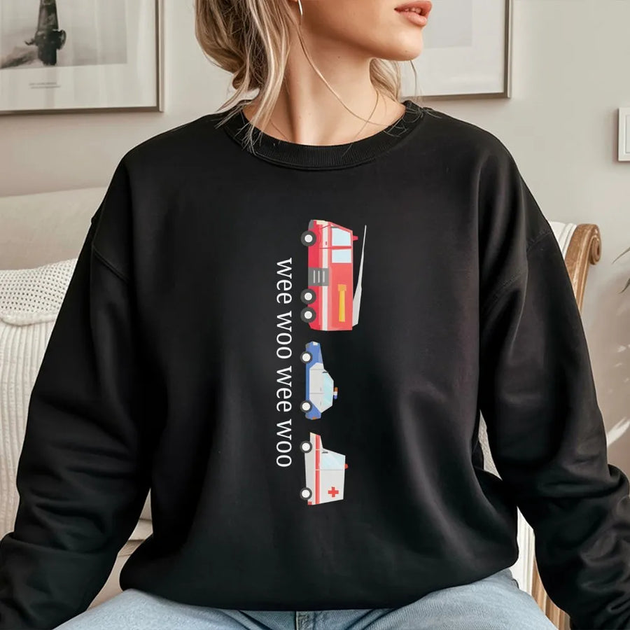 Wee Woo Sweatshirt | Cute Emergency Vehicle Graphic | Premium Cotton Blend Crewneck | Gift for Kids Toddler Truck Enthusiast