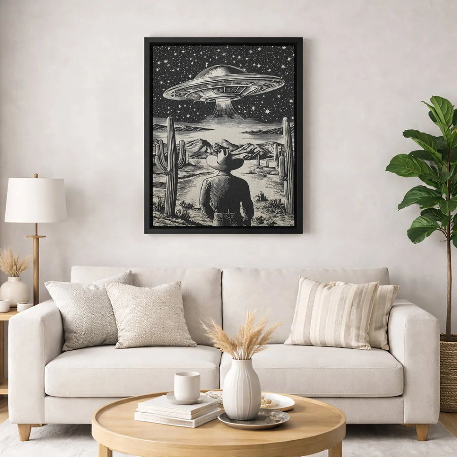 Cowboy UFO Desert Canvas | Retro Sci-Fi Western Illustration | 1.25-Inch Premium Gallery Wrap | Unique Space Decor Gift for Him