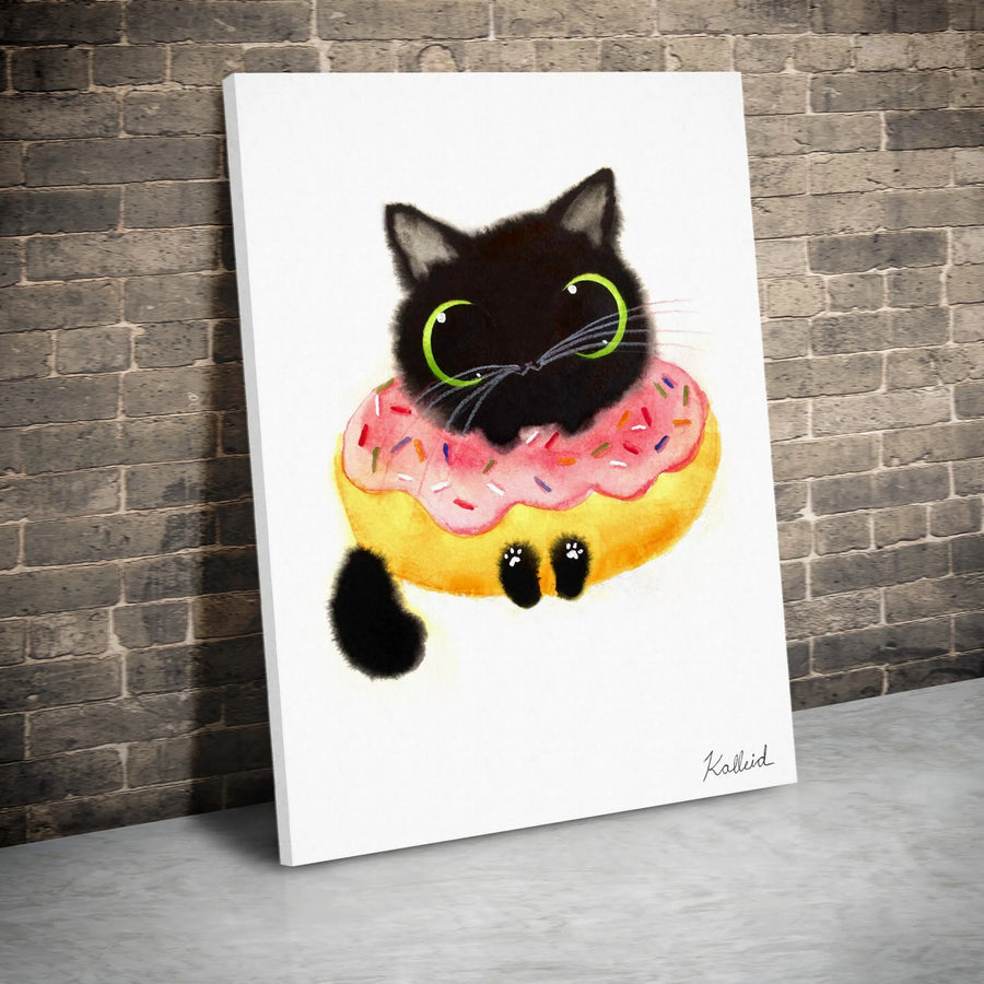 Cute Black Cat Canvas Print | Whimsical Donut Illustration | Premium 1.25-Inch Gallery Wrap | Funny Cat Lover Gift & Wall Art