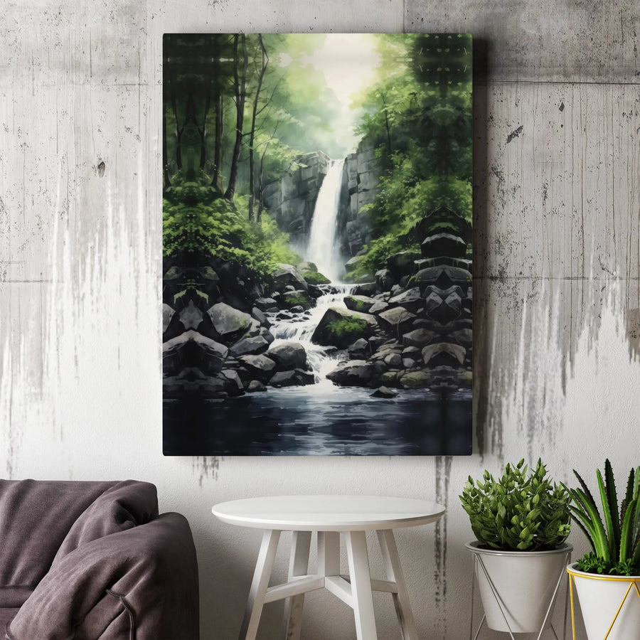 Waterfall Forest Canvas Wall Art | Serene Japanese Watercolor Painting | Premium Gallery Wrapped Canvas | Nature Lover Gift for Living Room