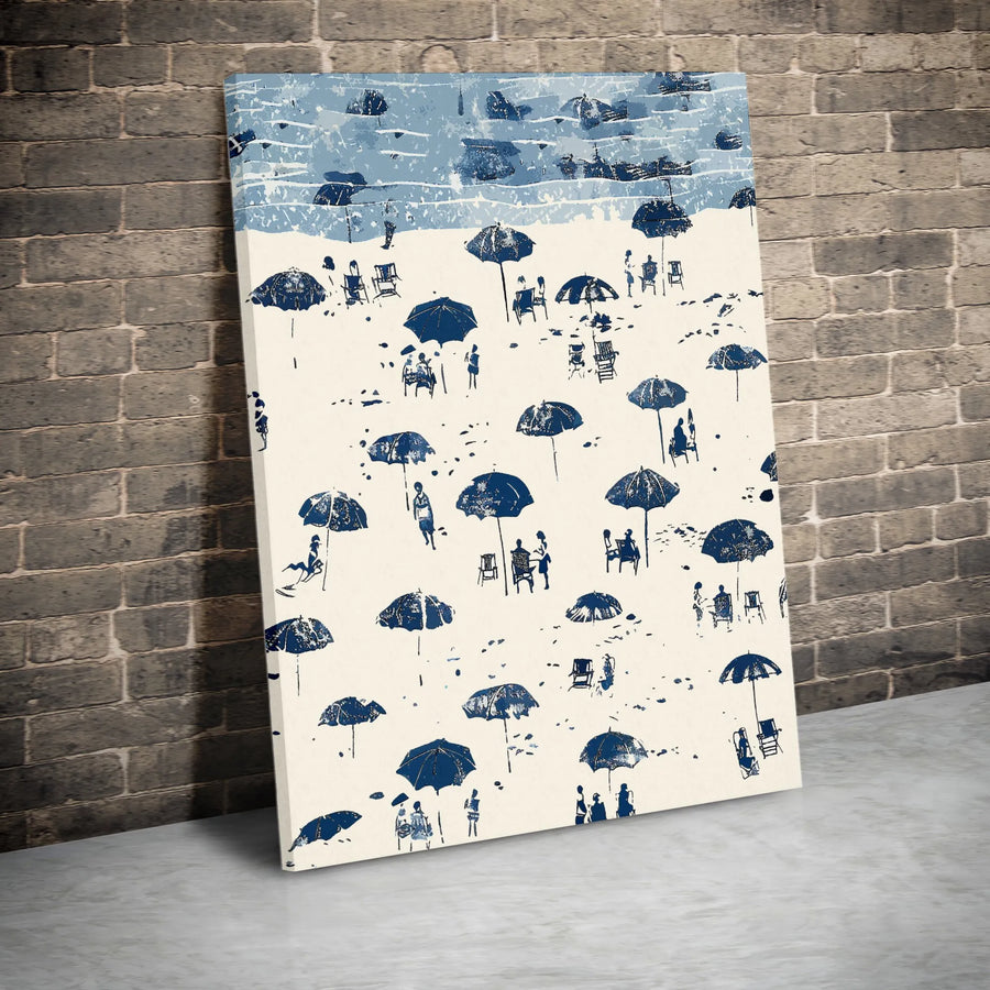 Coastal Beach Umbrella Wall Art | Blue and White Ocean Decor | 1.25 Inch Gallery Wrapped Canvas | Summer Vacation Home Office Gift