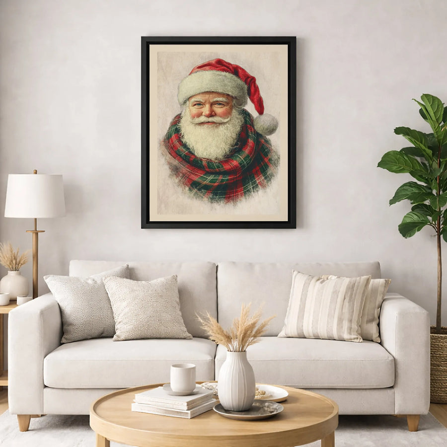 Vintage Santa Claus Wall Art | Traditional Plaid Scarf Portrait | Premium 1.25 Inch Thick Canvas | Classic Christmas Home Decor Gift
