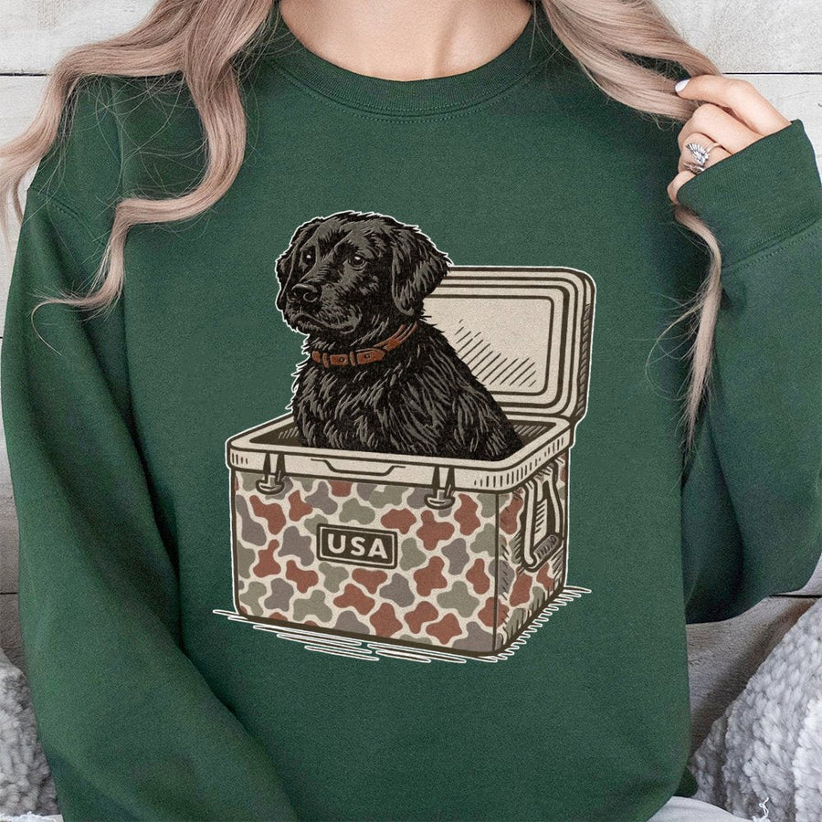 Black Labrador Dog Sweatshirt | Camo Cooler USA Graphic | Premium Cotton Blend | Gift for Hunting and Dog Lovers