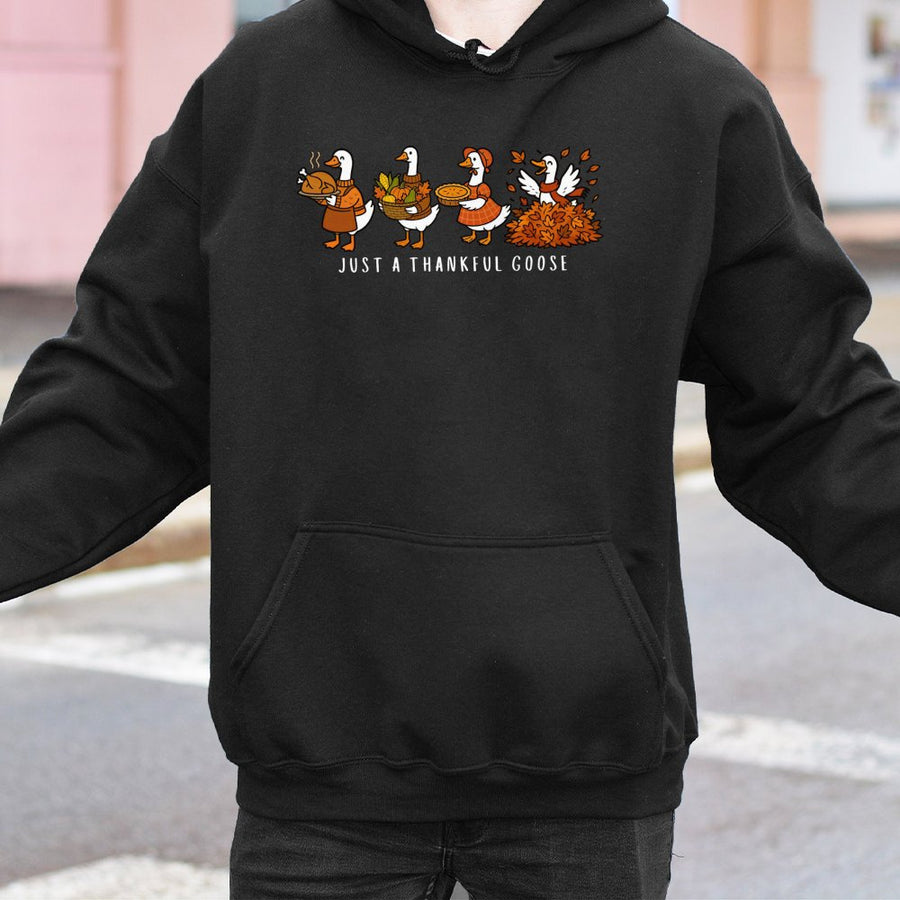 Just A Thankful Goose Hoodie | Funny Thanksgiving Cartoon Graphic | Premium Cotton Blend | Unisex Fall Gift For Bird Lovers