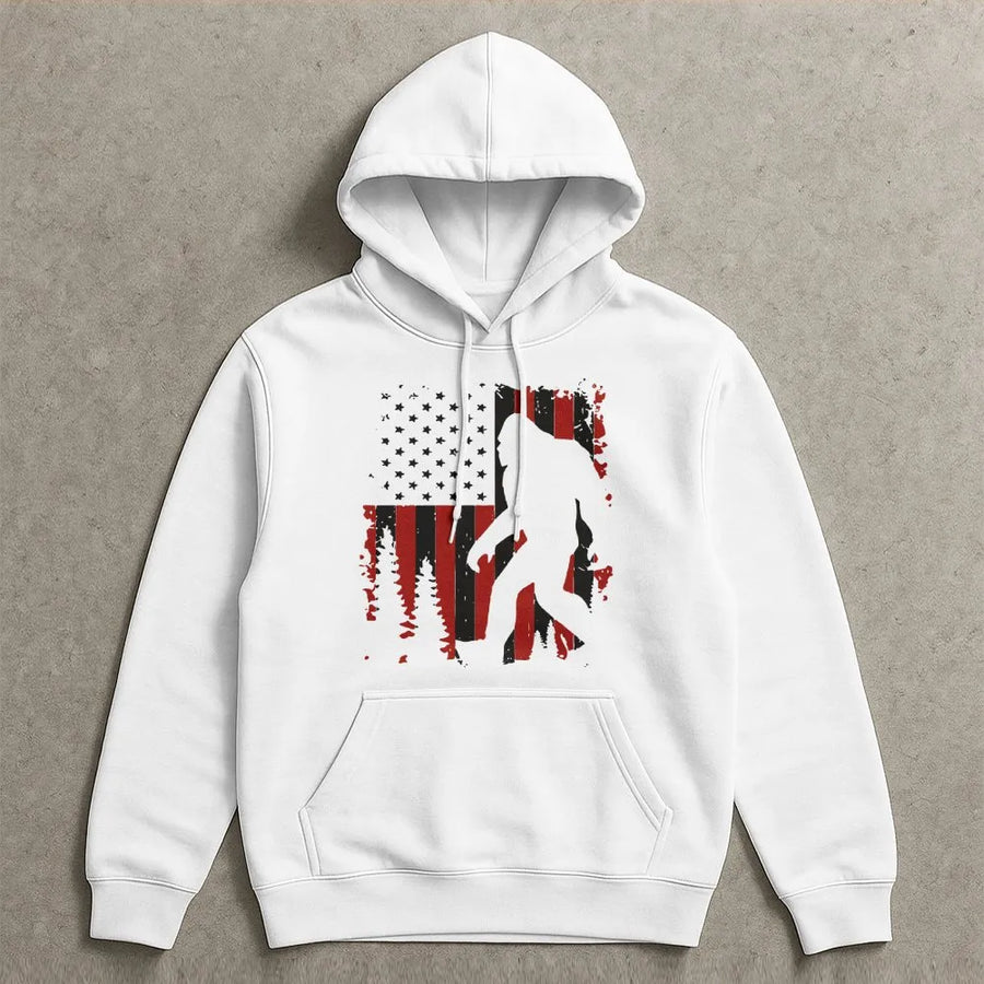 Patriotic Bigfoot Hoodie | Distressed American Flag Sasquatch Graphic | Premium Cotton Blend | Gift for Outdoor Adventure & Cryptid Fans
