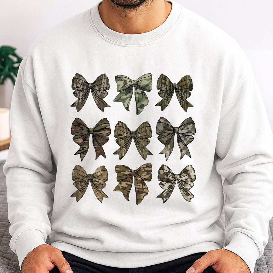 Camo Bow Sweatshirt | Aesthetic Camouflage Ribbon Graphic | Premium Cotton Blend Crewneck | Cute Hunting Lover Gift for Her