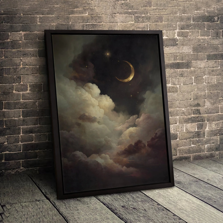 Celestial Night Sky Canvas Wall Art | Golden Crescent Moon and Stars Painting | Premium Gallery Wrap Print | Dreamy Bedroom Living Room Decor