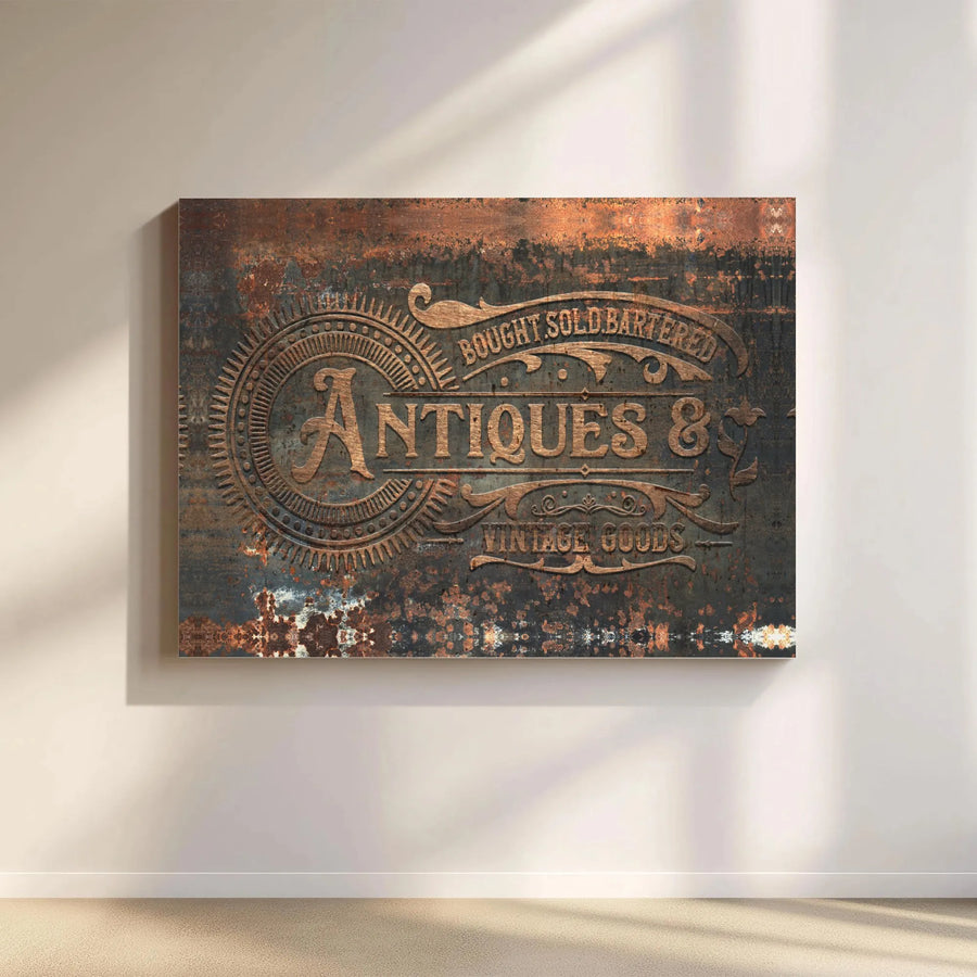 Vintage Antiques Sign Canvas Art | Rusted Metal Industrial Print with 3D Embossed Look | Premium Gallery Wrapped Canvas | Rustic Farmhouse Decor Gift