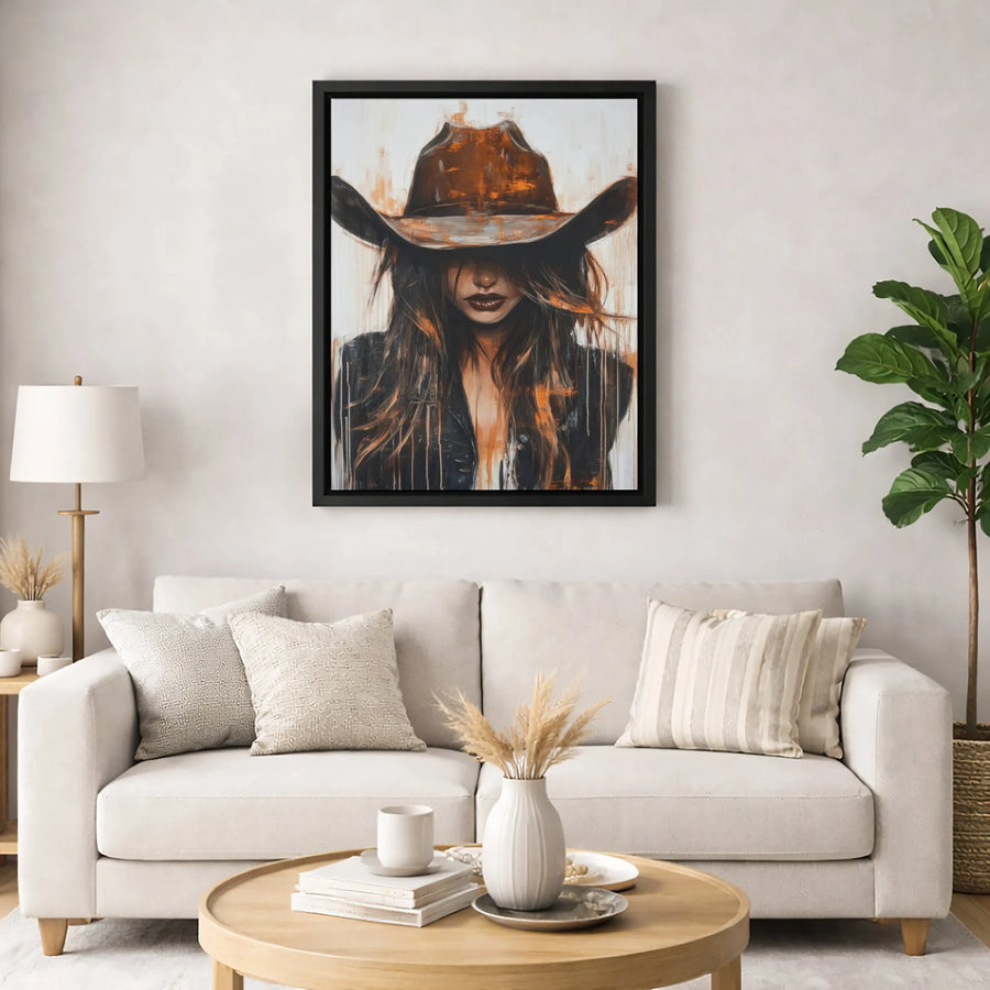Abstract Cowgirl Canvas Wall Art | Mysterious Western Woman Portrait | Premium Fade-Resistant Gallery Print | Rustic Modern Home Decor Gift