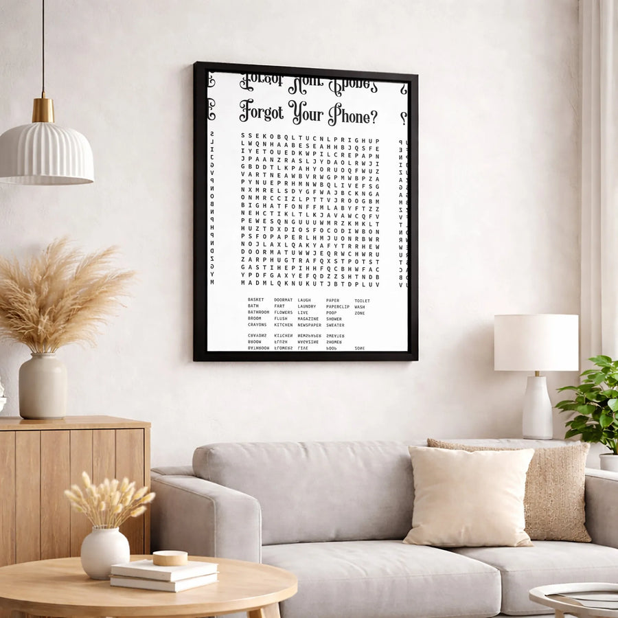 Forgot Your Phone? Funny Bathroom Word Search Canvas | Minimalist Typography Wall Art | Premium Gallery-Wrapped Print | Unique Gag Gift for Restroom Decor