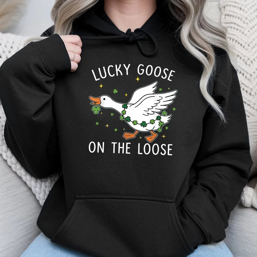 Lucky Goose On The Loose Hoodie | Funny St. Patricks Day Shamrock Design | Premium Cotton Blend | Gift For Goose Lovers & Irish Apparel Fans
