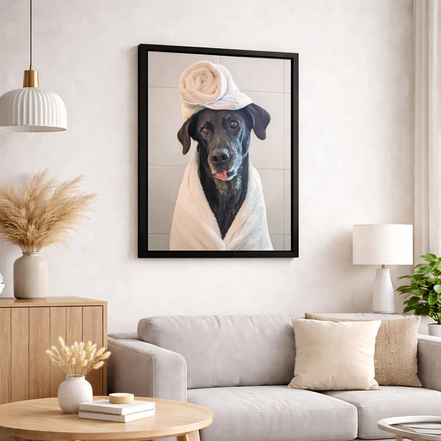 Funny Black Dog Canvas Wall Art | Dog With Towel Turban Bath Photo | 1.25-Inch Premium Gallery Wrap | Quirky Bathroom Decor & Pet Lover Gift