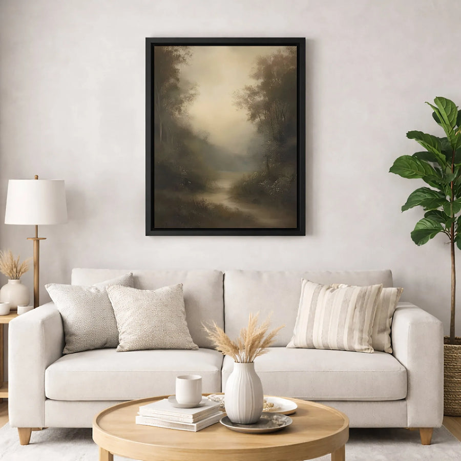 Misty Forest River Wall Art | Moody Landscape Canvas Print | Premium 1.25-Inch Gallery Wrap | Nature-Inspired Home Decor