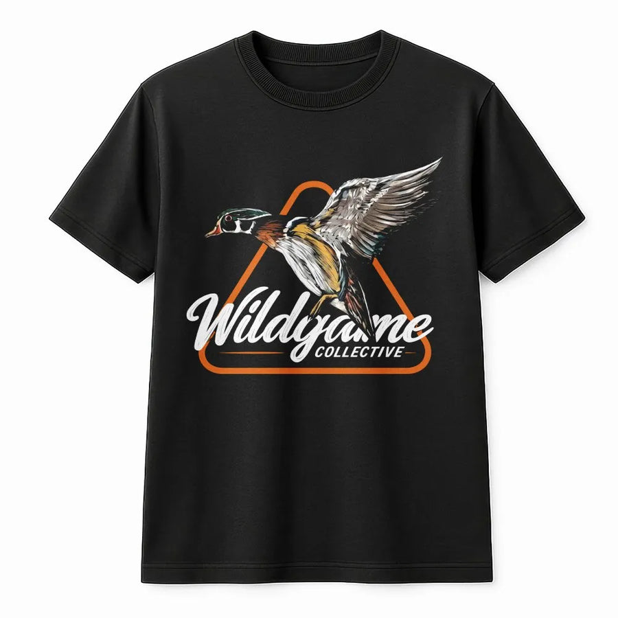 Wood Duck T-Shirt | Realistic Flying Waterfowl Graphic | Soft Cotton Blend Crewneck | Gift for Hunter, Outdoorsman Apparel