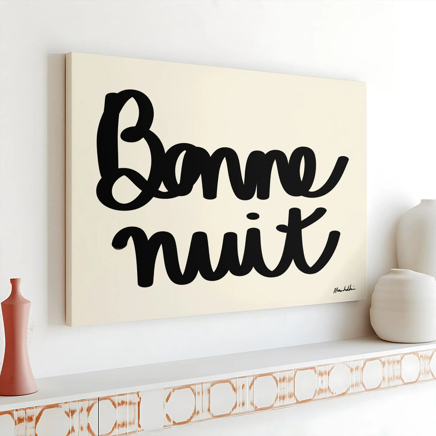 Bonne Nuit Wall Art | Modern French Typography Print | 1.25 Inch Gallery Wrap Canvas | Minimalist Bedroom Decor For Home