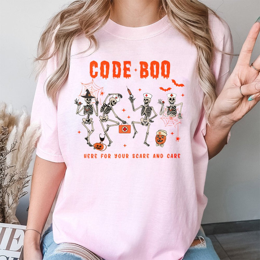 Code Boo Halloween Nurse T-Shirt | Funny Skeleton Medical Graphic Tee | 100% Cotton Premium Quality | Spooky Season Gift For Nurses & Students