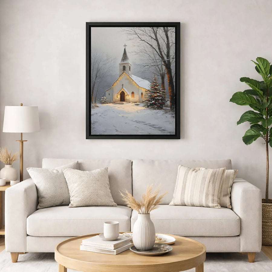 Winter Church Canvas Art | Snowy Christmas Tree Wall Decor | Premium Fade-Resistant Gallery Print | Holiday Home Gift For Religious Decor