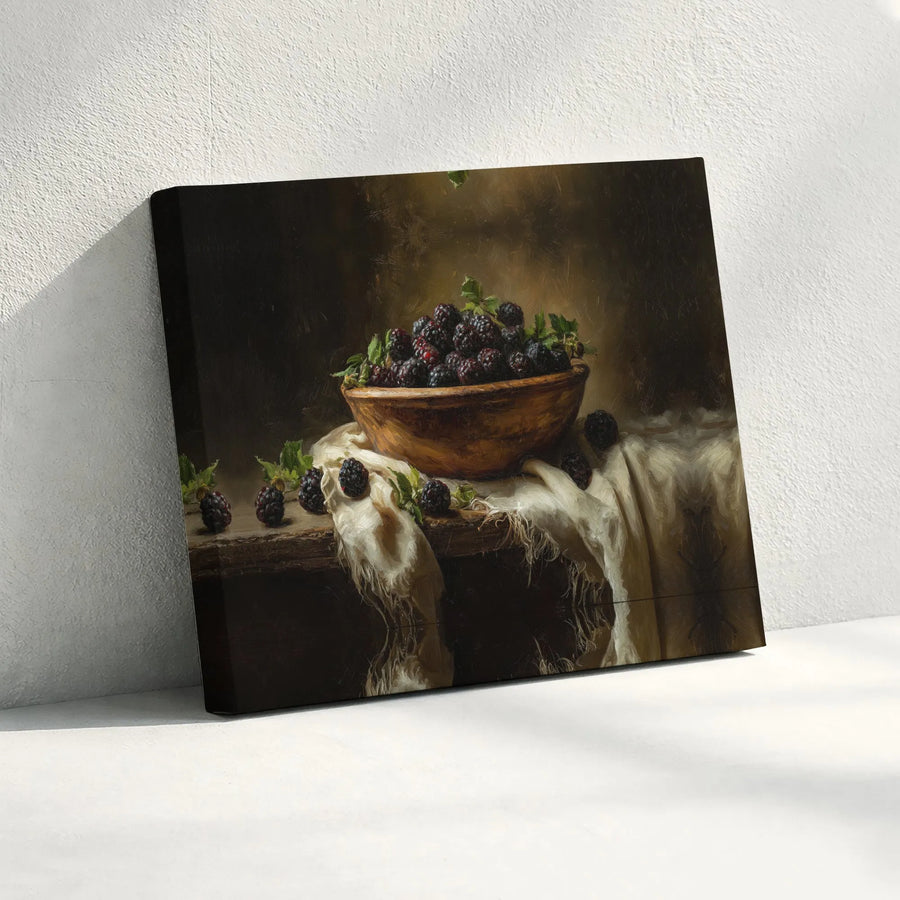 Vintage Blackberry Still Life Canvas | Rustic Kitchen Fruit Painting | Thick Gallery Wrapped Canvas | Farmhouse Kitchen Decor Gift