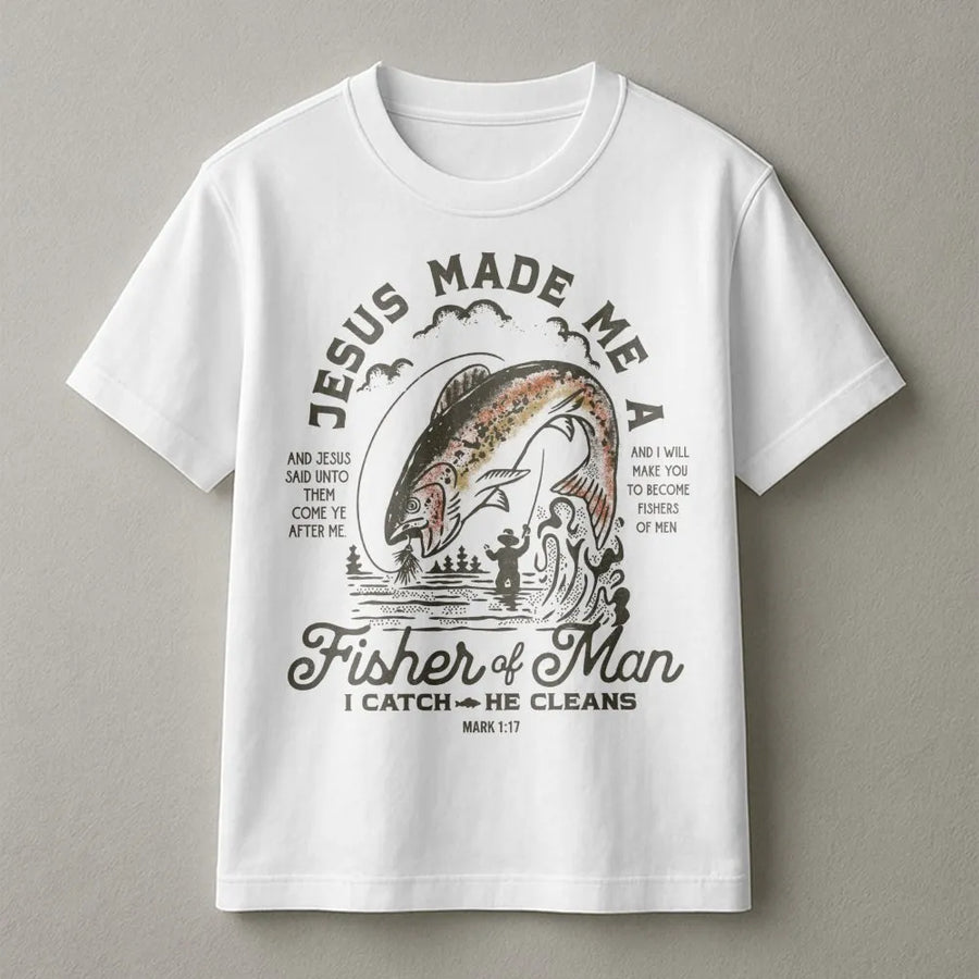 Fisher of Men T-Shirt | Jesus Fishing Graphic Bible Verse Mark 1:17 | 100% Soft Cotton | Inspirational Christian Gift for Fishermen & Outdoor Lovers