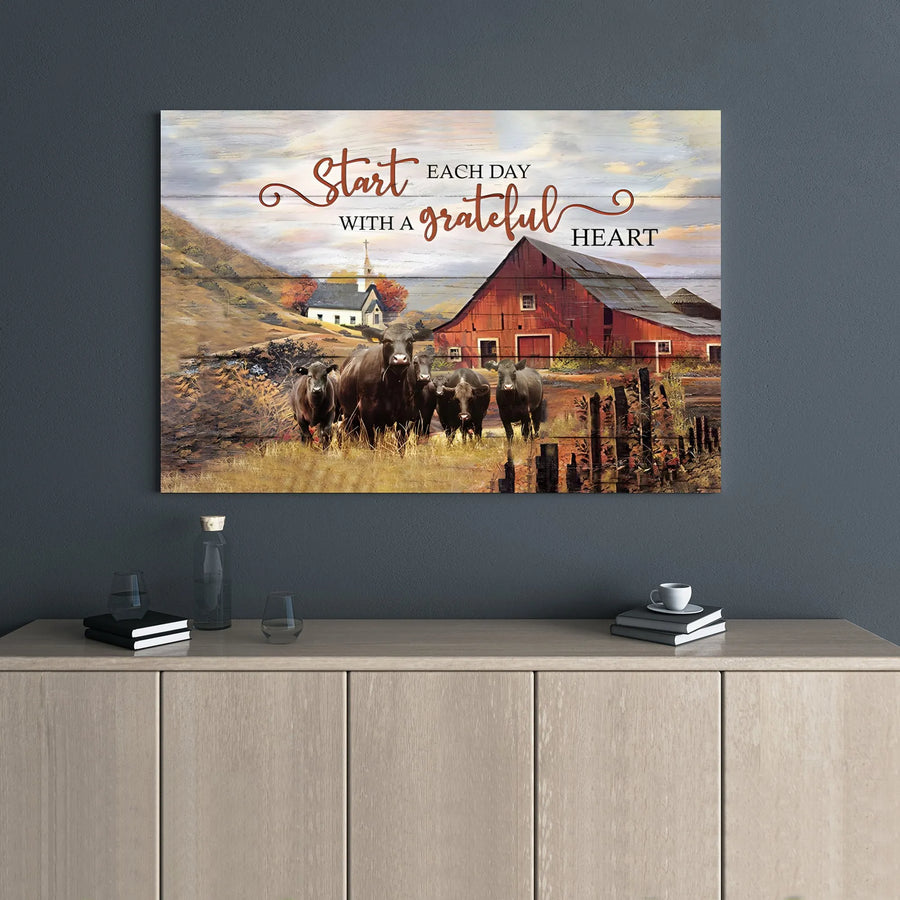 Start Each Day With A Grateful Heart Wall Art | Rustic Farmhouse Red Barn & Cows Canvas | Premium Gallery Wrap | Inspirational Country Home Decor Gift