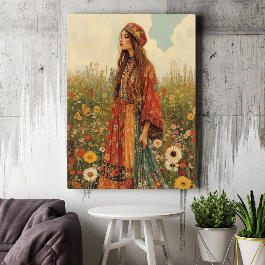 Bohemian Woman Wall Art | Wildflower Meadow Portrait Print | Premium 1.25-Inch Gallery Canvas | Boho Home Decor Gift