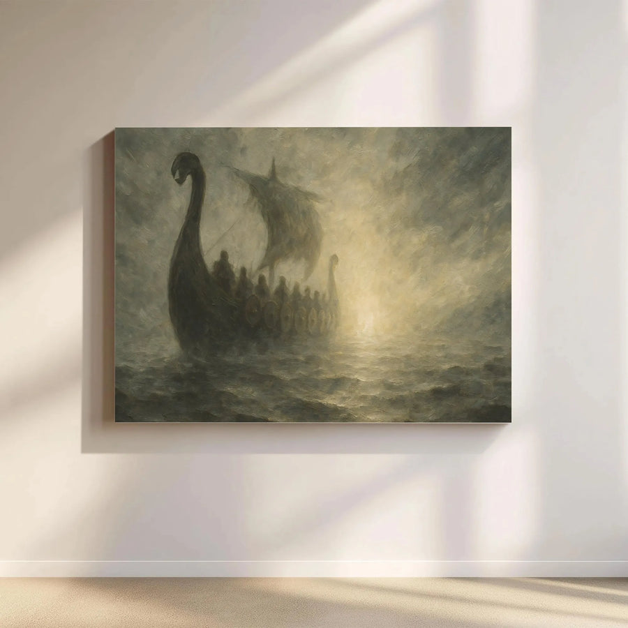 Viking Longship Wall Art | Misty Ocean Canvas Print | Premium 1.25 Inch Gallery Wrap | Norse Mythology Decor for Men's Study or Office