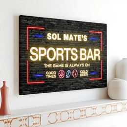 Sports Bar Canvas Wall Art | Faux Neon Sign on Brick Wall | Premium Canvas Print | Man Cave Decor Gift for Him