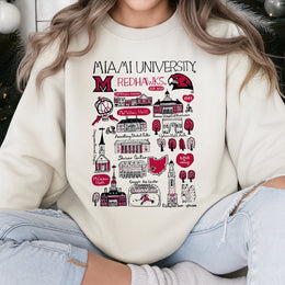 Miami University Redhawks With Campus Map Illustrations Of Buildings Like Mcmillan Hall, Farmer School Of Business, Armstrong Student Center, And The Redhawks Mascot Logo Sweatshirt
