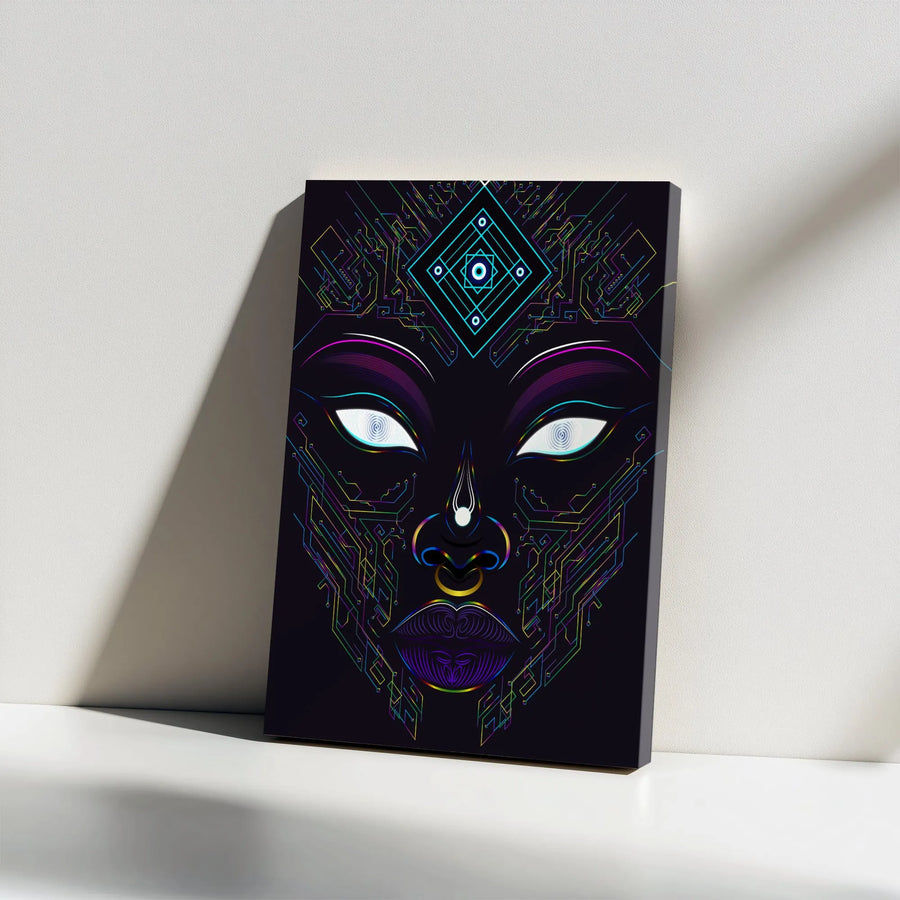 Psychedelic Goddess Canvas Wall Art | Futuristic Geometric Face Print | Premium Thick Canvas | Unique Home & Office Decor Gift