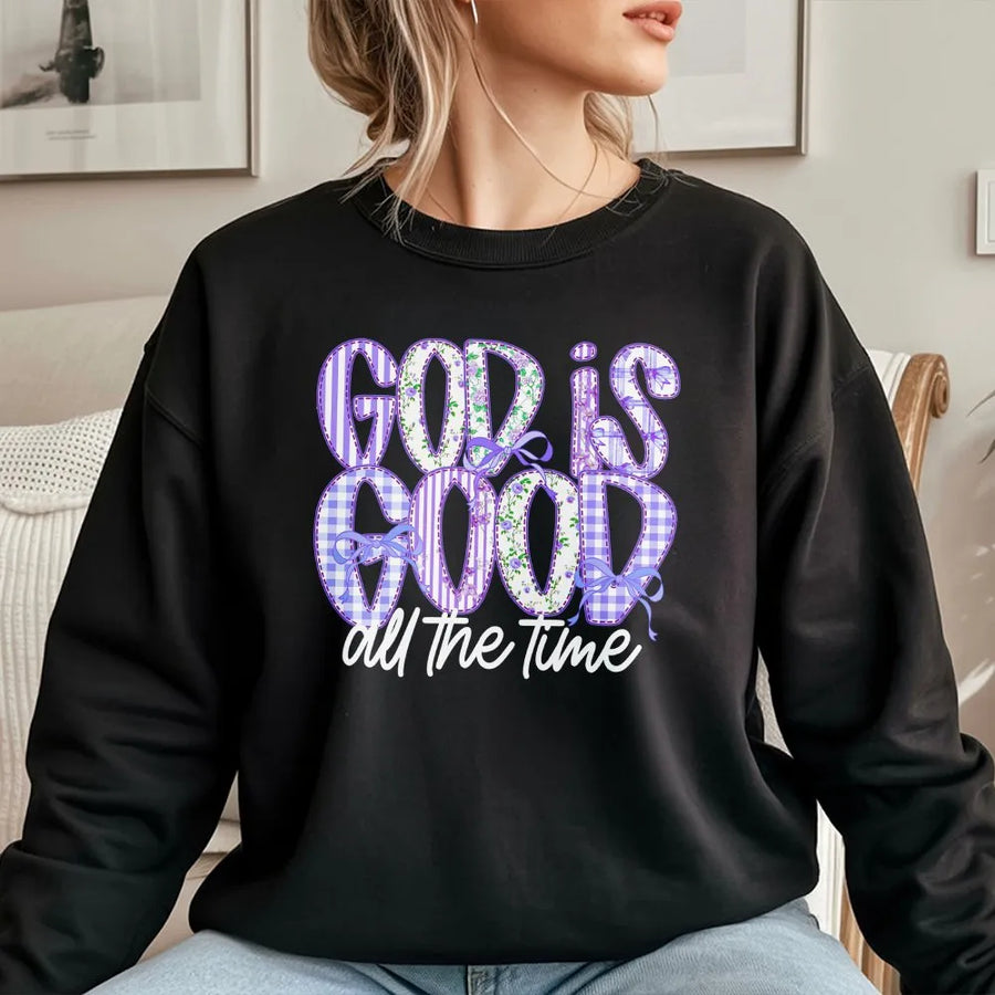 God Is Good Christian Sweatshirt | Preppy Gingham Floral Design | Premium Cotton-Blend Pullover | Inspirational Faith Based Gift for Women