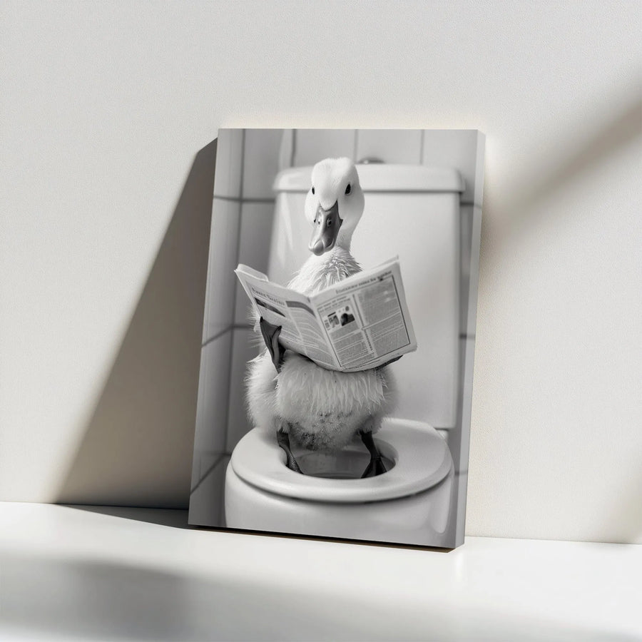 Funny Duck Reading Newspaper Canvas | Bathroom Humor Wall Art | Premium Gallery Wrap Print | Whimsical Farmhouse Decor for Restroom