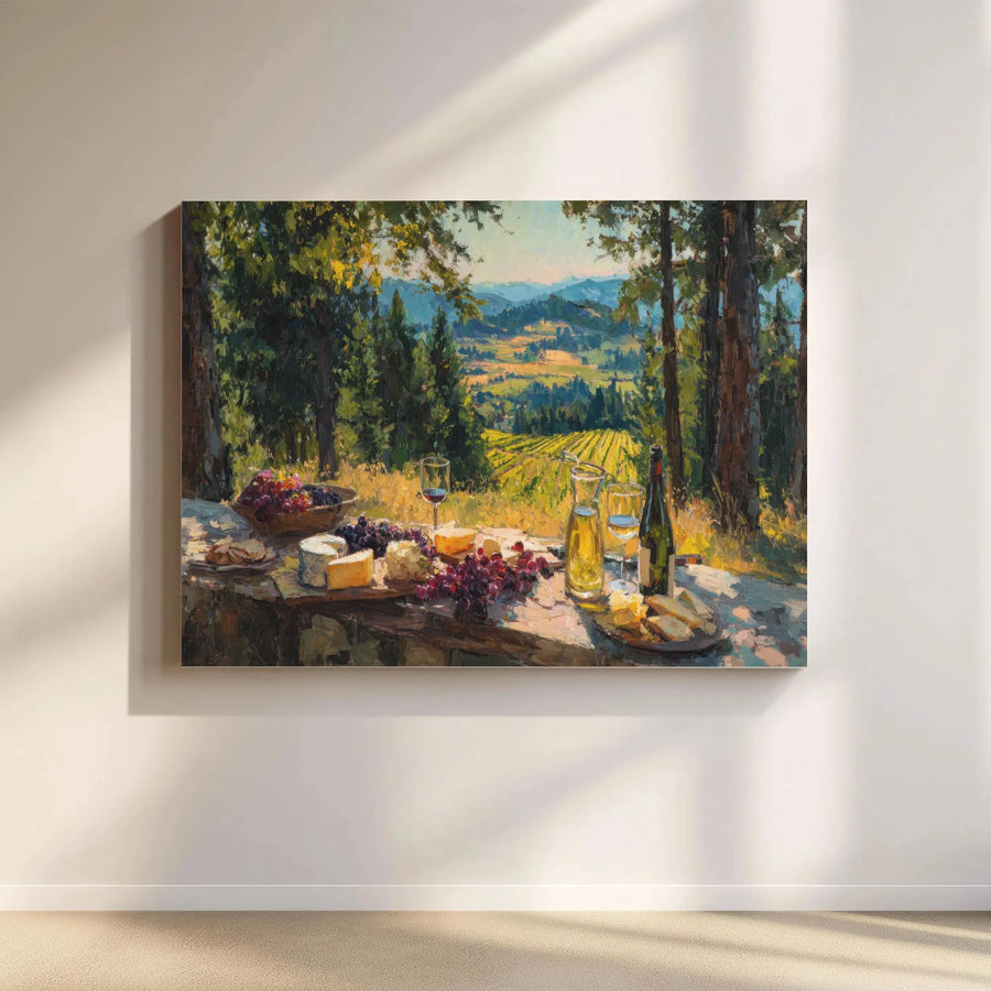 Vineyard Picnic Canvas Wall Art | Impressionist Tuscan Landscape Painting | Premium Gallery Wrapped Print | Kitchen & Dining Room Decor Gift