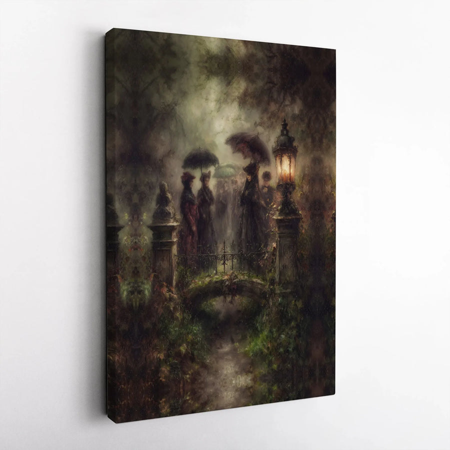 Victorian Bridge Canvas Wall Art | Moody Misty Garden Landscape | Gallery Wrap Premium Print | Dark Academia Home Decor Gift