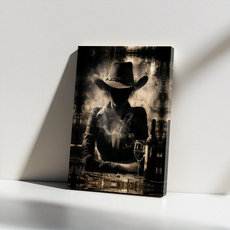 Western Cowgirl Canvas Print | Moody Saloon Wall Art | Premium Fade-Resistant Ink | Rustic Man Cave & Bar Decor Gift