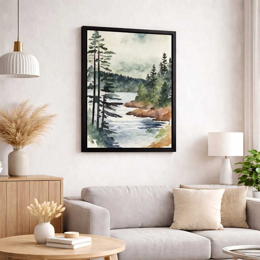 Forest Lake Landscape Canvas | Watercolor Pine Trees Wall Art | Gallery Wrapped 1.25" Profile | Nature-Inspired Premium Home Decor