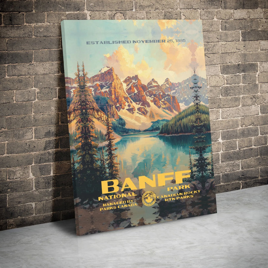 Banff National Park Canvas Art | Vintage Rocky Mountains Travel Poster | Premium Gallery Wrap Wall Decor | Nature Lover Adventure Gift