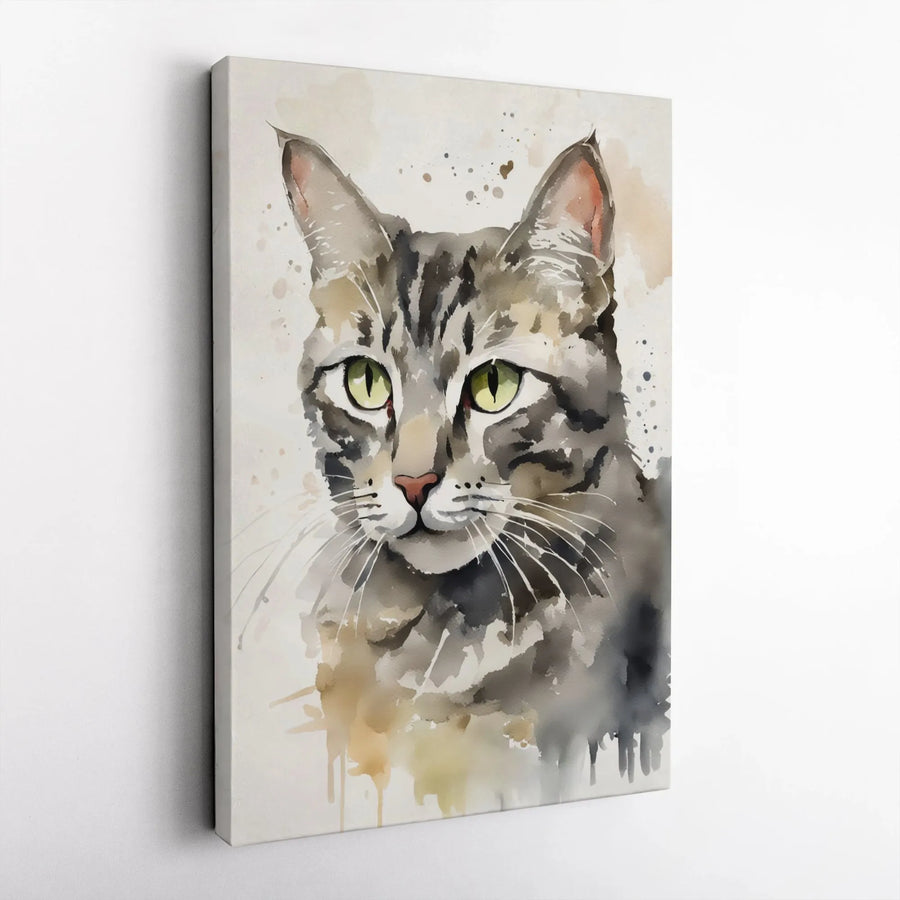 Grey Tabby Cat Wall Art | Watercolor Portrait Canvas Print | 1.25” Gallery Wrap | Premium Pet Lover Gift Home Decor