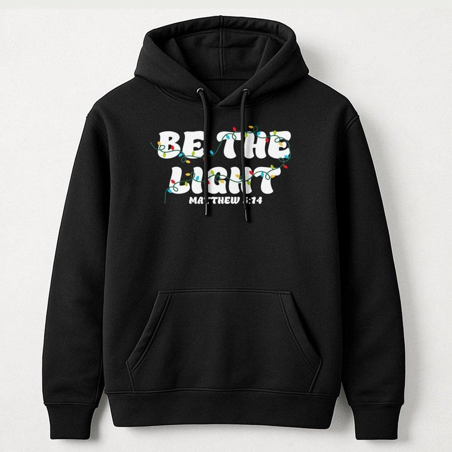 Be The Light Christian Hoodie | Matthew 5:14 Christmas Lights Graphic | Cotton-Poly Blend Premium Comfort | Faith-Based Holiday Gift for Believers