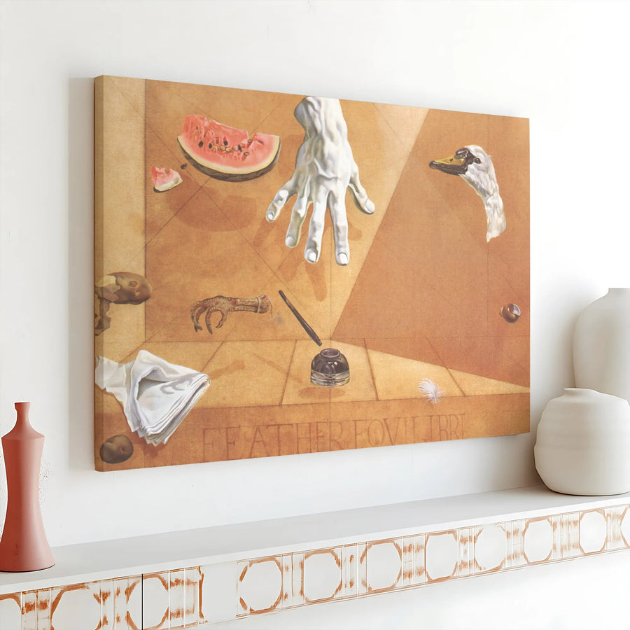 Surrealist Fine Art Canvas Print | Feather Equilibrium Abstract Still Life | Premium 1.25 inch Gallery Wrap | Unique Home Office Decor Gift