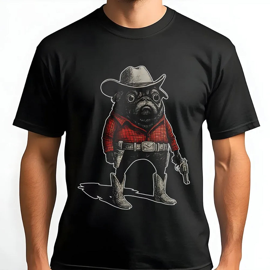 Cowboy Pug Graphic T-Shirt | Funny Western Dog Meme Art | 100% Premium Cotton Tee | Unique Gift For Dog Lovers