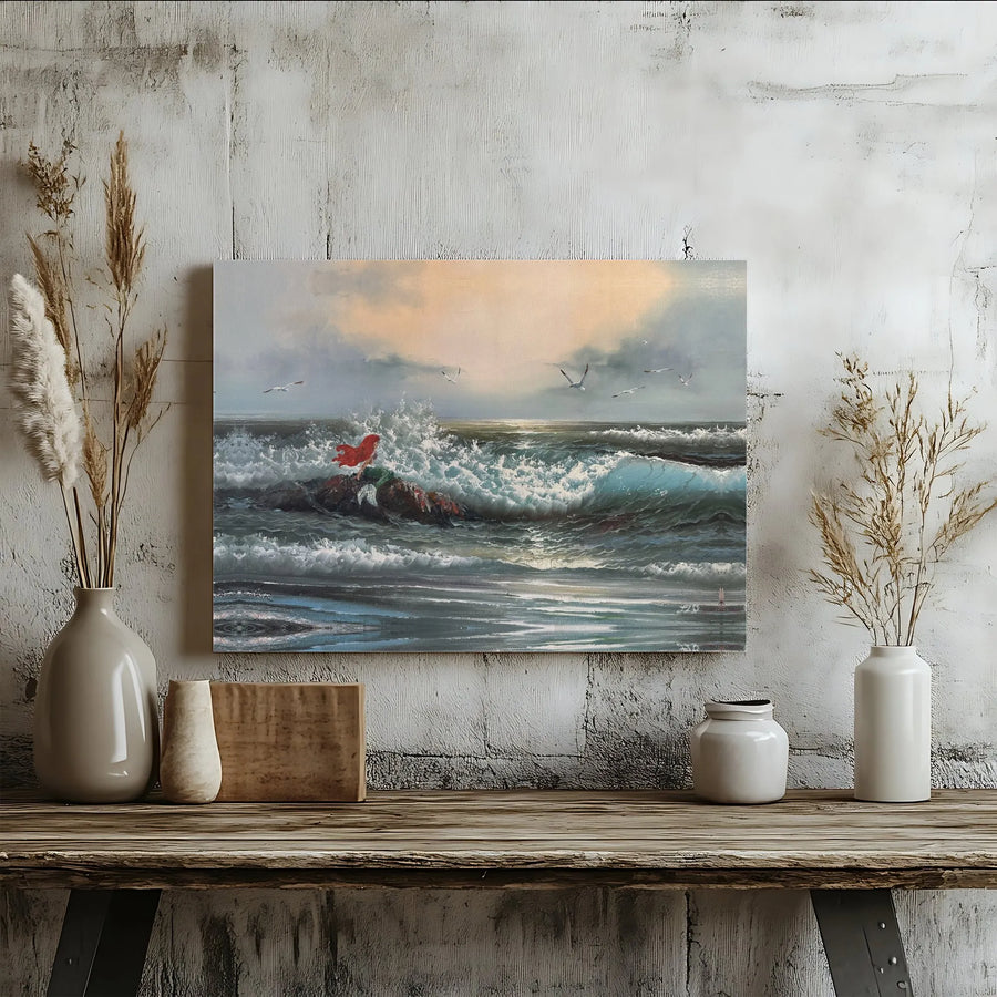 Mermaid Coastal Wall Art | Stormy Ocean Landscape Oil Painting Style | Gallery Wrapped Premium Canvas | Nautical Home Decor Gift for Her