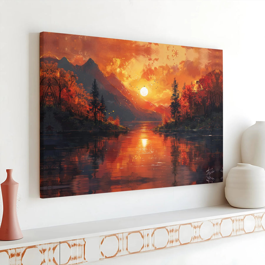 Autumn Mountain Lake Canvas Wall Art | Golden Sunset Forest Landscape | 1.25” Gallery Wrap Premium Print | Large Modern Home Decor Gift